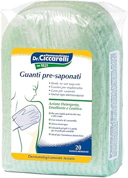 Dr Ciccarelli, Guanto Pre-saponato Monouso, Deterge Delicatamente e Rapidamente il Viso e il Corpo Senza l’Uso dell’Acqua, Dermatologicamente Testato, 100% Made in Italy, 20 Pezzi