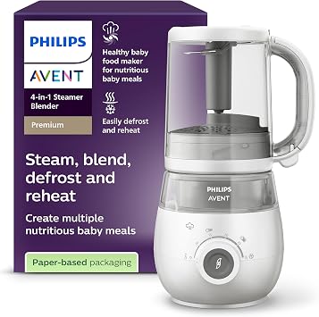 Philips Avent SCF883/01 EasyPappa Plus 4 in 1 Cuocipappa Multifunzione, Cuoci a Vapore, Frulla, Scongela e Riscalda in un Recipiente, 1 litro, Bianco/Grigio