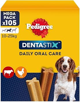 Pedigree Dentastix Snack per la Igiene Orale (Cane Medio 10-25 kg), 180g 105 Pezzi – 15 Confezioni da 7 pezzi (105 Pezzi totali)