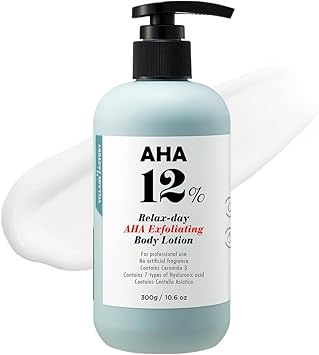 VILLAGE 11 FACTORY lozione per il corpo con acido glicolico AHA 12% (300 g), peeling e ringiovanimento, rimozione delicata delle cellule morte, senza profumo, senza parabeni (AHA Body Lotion)