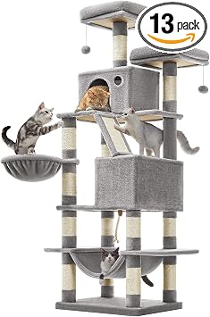 Feandrea Albero per Gatti, Alto 168 cm, Tiragraffi per Gatti con 13 Graffiatoi, 2 Posatoi, 2 Grotte, Cesto, Amaca, Pompon, in Peluche a Più Livelli per Interno, Grigio Chiaro PCT165W01V1 | 55 x 45 x 165 cm, per gatti multipli, grigio chiaro, collezione CLAWFY PCT165W01