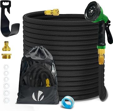VOUNOT® Tubo Irrigazione Estensibile 30m, Tubo Flessibile da Giardino con Pistola a Spruzzo d’Acqua 10 Funzioni, Connettore in Ottone 1/2″ e 3/4″ e Gancio e Organizer Inclusi, Nero