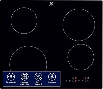 Electrolux Serie 300 Piano Cottura a Induzione da Incasso EIB60424CK, 4 Fuochi Rapidi, Comandi SliderTouch, Sicuro e Facile da Pulire, 60 cm, 590×520 mm, Nero, Design Moderno