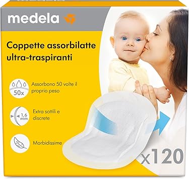 Medela Coppette Assorbilatte Ultratraspiranti, Altamente Assorbenti, Design Discreto per Uso Confortevole, Confezione da 120 Pezzi
