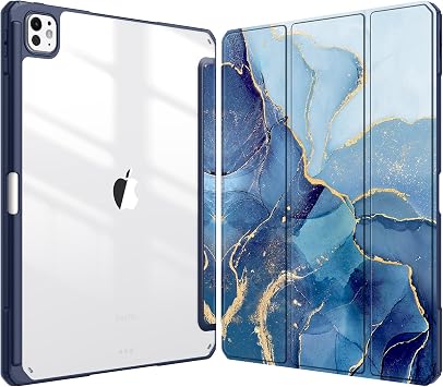 FINTIE Cover per iPad Pro 13 Pollici (M5 2025 / M4 2024) con Portapenna | Sottile Leggero Trasparente Custodia Posteriore con Bordo in TPU Morbido, Ocean Marble