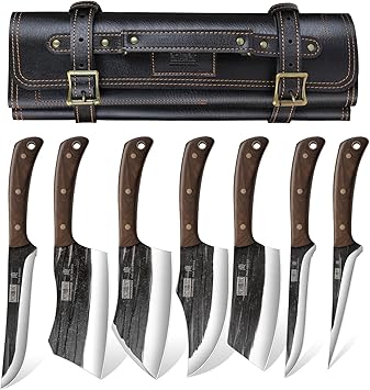 HOSHANHO Set di Coltelli da Macellaio, Set Coltelli da Cucina con Borsa | Forgiati Mano Coltello da Carne, Coltello da Mannaia Resistente, Coltelli da Disossare per Campeggio e BBQ Regalo per Uomo