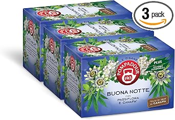 Pompadour, Tisana Buona Notte Plus, 54 Filtri (3 Confezioni da 18 Filtri), con Passiflora e Canapa, Ideale alla Sera per Favorire il Sonno, Senza Lattosio, Glutine e Allergeni