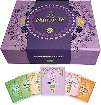 Pompadour Namaste Collection pregiata 60 filtri con chiusura magnetica: Felice Armonia,Risveglio dei Sensi,Puro Rilassamento,Benessere Interiore,Tè Bianco,Tè Verde con Matcha, senza Lattosio e Glutine