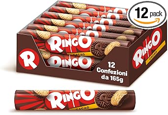 Pavesi Snack Ringo Cacao, Formato Tubo, 12 Confezioni da 165 g | Biscotti Farciti con Crema al Gusto Cioccolato, Snack per Merenda o Pausa Studio