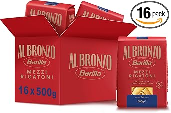 Barilla Pasta Al Bronzo Mezzi Rigatoni 100% Grano Italiano,16 Conf da 500 g | Pasta trafilata al bronzo con microincisioni, Formato grande e corposo, Eccellente tenuta del sugo
