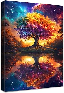 Albero Della Vita Colorato Quadri Moderni Paesaggio Onirico Astrale Al Tramonto Stampa su Tela Con Cornice Pittura Quadri su tela Quadretti da Parete Soggiorno Camera da Letto Corridoio Bar 30x40cm