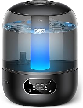 Dreo 3L Umidificatore Ambiente Bambini Silenzioso 26dB con Sensore di Umidità, Ultrasuoni Nebbia Fresca, Ugello 360°, 30h Autonomia, Diffusore Oli Essenziali, Luce Ambientale, per Casa e Piante, Nero