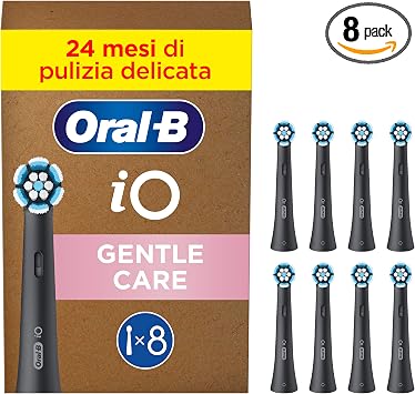 Oral-B Testine di Ricambio iO Gentle Care, Nere, 8 Ricambi | 8 Testine di Ricambio per Spazzolino Elettrico, Rotonde Originali per Gengive Sensibili, Setole Angolate