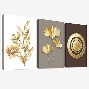 3Pcs Foglie di ginkgo oro caramello Stampa su tela Con Cornice Fiori di margherita floreali Pittura Quadri su tela Quadri Moderni Bagno Camera da Letto Soggiorno Stampe da Parete 50x70cm x3