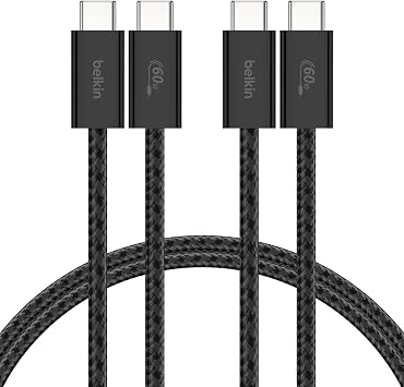 Belkin Confezione da 2 cavi intrecciati da USB-C a USB-C da 1,5 m, 60 W, cavo flessibile per ricarica rapida, cavo Type-C per iPhone 17 e iPhone 16 series, Galaxy S25, Pixel 10, iPad Pro e altri, nero