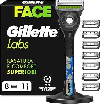 Gillette Uefa Champions League Special Edition Gillette Labs Rasoio a Mano Libera con Barra Esfoliante, 1 Manico + 8 Lamette di Ricambio, Include Base Magnetica Premium | Manico in Acciaio Inossidabile, Rasoio da Uomo, Barra Esfoliante, 1 Manico + 8 Lamette di Ricambio, Base Magnetica Premium