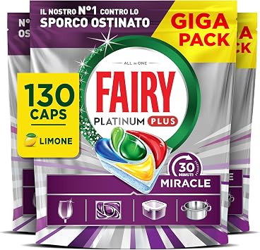 Fairy 30 Minuti Miracle Pastiglie Lavastoviglie, 130 Caps, Limone | N.1 contro sporco ostinato, potente anche cicli brevi, GIGA Pack