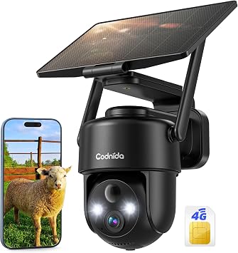 Codnida 4G Telecamera Esterno con Pannello Solare, 2K Telecamera Sanza Fili con Scheda Sim, 355° PTZ Videocamera Sorveglianza, Audio Bidirezionale, Rilevamento del Movimento, Visione Notturna a Colori