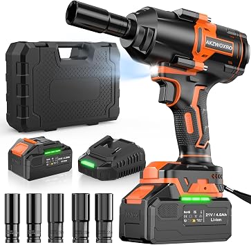 AKZWOXRO 21V Avvitatore a Impulsi 1000N.m, Brushless Chiave a Percussione 1/2″ ad Alta Potenza con Batterie da 4,0 Ah e Caricabatterie, 5 Bussole, Trapano a Impulsi per Auto Casa