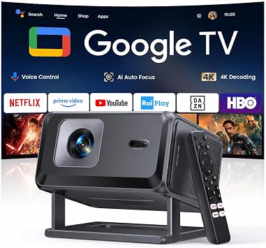Proiettore 4K【Google TV/Compatibile con Netflix】Videoproiettore Auto Focus e 6D Keystone Projector a Focale Corta Proiettore Portatile WiFi Bluetooth Proiettori Rotabile Home Cinema per Casa e Esterno
