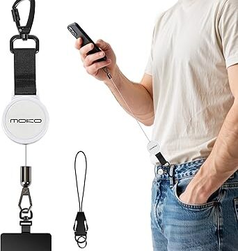 MoKo Laccio per cellulare retrattile con gancio bloccabile | Cordino per cellulare con cavo in acciaio estensibile fino a 70 cm e linguetta girevole 360°, bianco e nero.