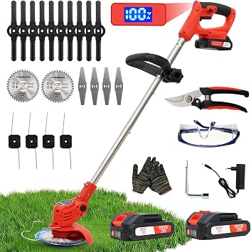OUTIGO Decespugliatore a Batteria, Decespugliatore Elettrico a Batteria, dotato di 2 batterie e 4 lame, Tosaerba a batteria Tosaerba Pieghevole da 800W,adatto per tagliare l’erba di prati e cespugli