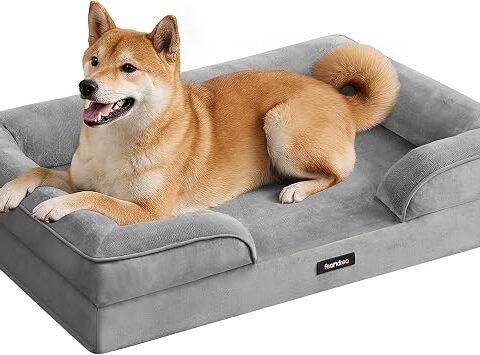 Feandrea Cuccia Ortopedica per Cani, Letto per Cani M, Bordo Rialzato, Gommapiuma Ondulata, Sfoderabile, Lavabile, Antiscivolo, Rivestimento Impermeabile, Grigio Calmo, 89 x 63 x 16 cm PGW322GD01