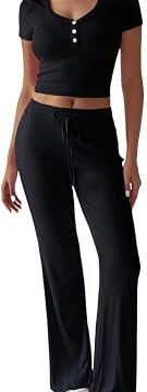 Rayson Tuta Donna Elegante Completo Sportivo Manica Corta e Pantaloni | Top Maglia con Bottoni,Top Girocollo,Pantaloni con Tasche e Coulisse,per l’Estate
