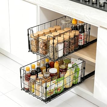 VINATO Set di 2 Cassetti Estraibili Telescopici,Cassetto Scorrevole Estensibile Estraibile per Cucina e Bagno – Organizzatore Armadio Scorrevole Senza Foratura,35×21.5×16 CM