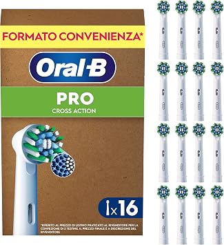 Oral-B Testine di Ricambio Cross Action, Bianche, 16 Ricambi | 16 Testine di Ricambio per Spazzolino Elettrico, Autentiche, Setole Angolate si Adattano a ogni Dente per Pulizia Profonda