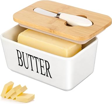VINATO Burriera in Ceramica con Coperchio,Scatola Portaburro per Conservazione per 250 g,Portaburro da Frigo,Porta Burro in Ceramica-17.5 x 10.5 x 8 CM