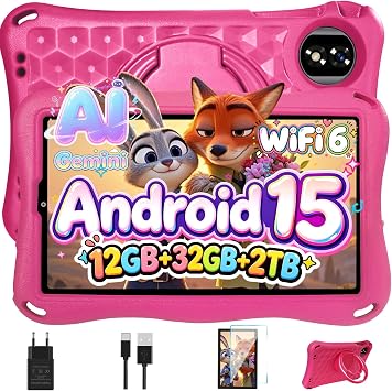 DEERTiME Tablet Bambini 9 Pollici Android 15 Tablet con Gemini Al, 12GB RAM+32GB ROM/TF 2TB,Octa-Core,2.0GHz,5G WiFi6,BT5.0,8+5MP,5000mAh,Widevine L1,Parentale Controllo Tablets con Eva Caso-Rosa