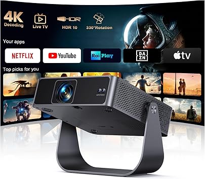Proiettore Portatile【Smart TV & 1000+ Canali Live】Mini Proiettore 4K Smart TV Compatibile con Netflix, Rotazione 330°, Auto Focus WiFi Bluetooth, 1080P Nativo, Videoproiettore soffitto casa/campeggio
