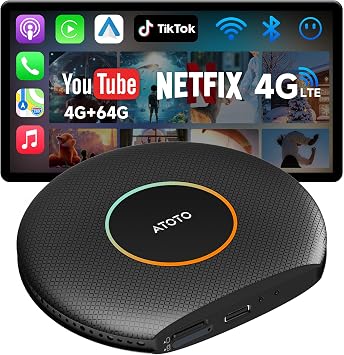 Adattatore CarPlay Wireless 4+64GB AI Box Android Auto con Navigazione GPS | Supporta YouTube/Netflix, 4GB+64GB, serratura Bluetooth integrata, doppio WIFI, doppio Bluetooth