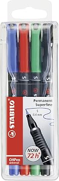 STABILO – Marcatore – OHPen universal Permanente | Tratto Superfine (0,4 mm), Astuccio da 4, Nero/Blu/Rosso/Verde