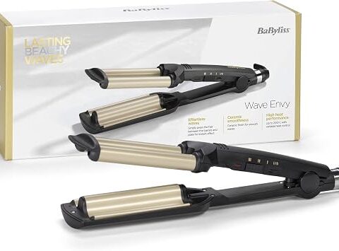 BaByliss Triferro Easy Waves, Beach Waves, Ceramic Titanium, 3 Temperature, Punta termo-resistente, Oro e Nero, C260E