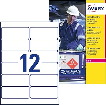 Avery Italia L7913-10 Etichette adesive in polietilene bianco extra resistente, 10 fogli A4, rettangolari 99,1×42,3mm, 12 etichette per foglio, adesivo permanente, stampanti laser