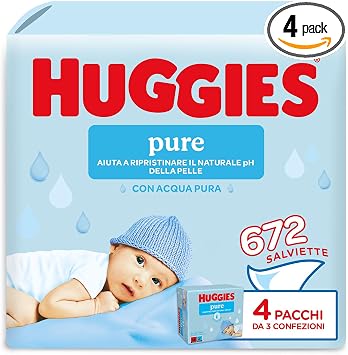 Huggies Pure, Salviette neonato, 99% acqua pura, 65% fibre assorbenti naturali, 672 Pz (12 x 56)