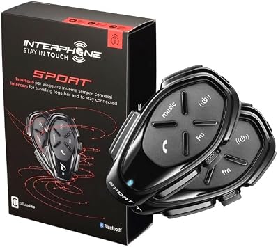 INTERPHONE SPORT – Doppio – Interfono Bluetooth da casco per comunicazione in moto, Fino a 4 motociclisti, Distanza 1Km, Autonomia 20 ore, Radio, MP3, GPS, Impermeabile, Universale.