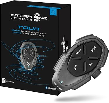 INTERPHONE TOUR – Singolo – Interfono Moto Bluetooth, Fino a 4 Motociclisti, Distanza 1.5 Km, Autonomia 25 Ore, Fast Charge, Mp3, GPS, Impermeabile, Universale.