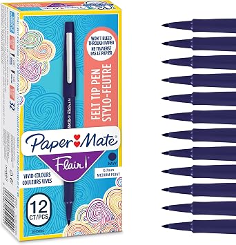 Paper Mate Flair Pennarelli | Punta Media in Feltro (0.7mm) | Blu Navy | Scatola da 12