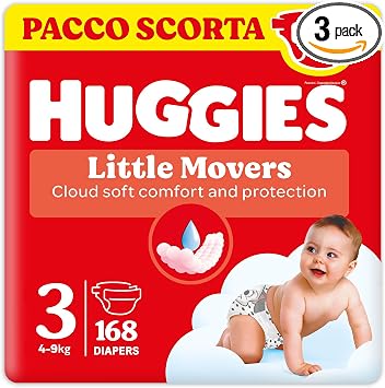 Huggies Little Movers, 168 Pannolini Taglia 3 (4-9 Kg), Pacco Scorta