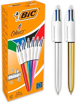 BIC 4 Colori Shine, Penne Multicolore, Set 12 Penne a Sfera a Scatto con Fusti dai Colori Metallici, Cancelleria Scuola e Ufficio