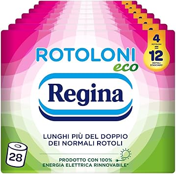 Regina Rotoloni Eco, 28 Maxi Rotoli di Carta Igienica a 2 Veli | 500 Fogli, Lunghi Più del Doppio dei Normali Rotoli, Confezione in Carta Riciclabile, Carta 100% Certificata FSC