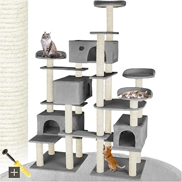 tectake® Albero Tiragraffi per Gatti, Tiragraffi per Gatti con 4 Piattaforme, 4 Casette Accoglienti, Tiragraffi Gatto con Diversi Piani di Gioco, 2 Piastre di Base, Colonne in Sisal – Grigio