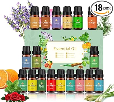 Oli Essenziali per Diffusori, Set di olio essenziale 18 x 10 ml, Essenze Naturali,Tea Tree Lavanda Rosmarino Eucalipto Ylang-ylang Incenso Citronella Arancia Menta Limone Bergamotto