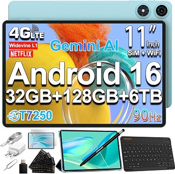 TECLAST P50 Tablet 11 Pollici 90Hz Tablets Android 16, T7250 2GHz Octa-Core, 32GB+128GB+6TB TF, 8000mAh, Dual SIM 4G LTE+5G WiFi, Widevine L1/13MP/GPS, Gemini AI Tablet con Tastiera+Penna+Custodia+OTG