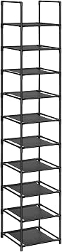 SONGMICS Scarpiera, 10 Ripiani, Telaio in Metallo, 33 x 33 x 173 cm | Scaffale Portascarpe, Ripiani in Tessuto, Ingresso, Corridoio, Camera da Letto, Nero, Collezione RYLAN LSR110B02