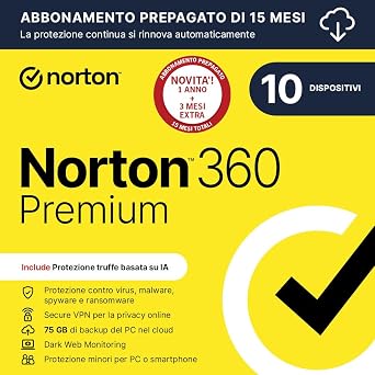 Norton 360 Premium 2026| Antivirus 10 dispositivi|15 mesi rinnovo automatico|Digital Download