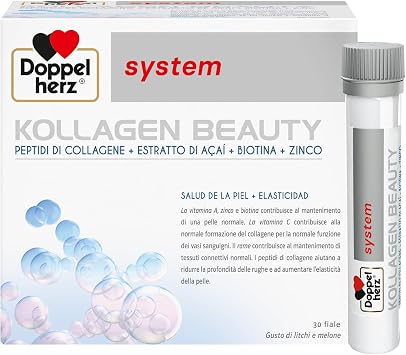 Doppelherz system KOLLAGEN BEAUTY, Collagene da Bere per la Pelle, 30 Fiale | I peptidi di collagene aiutano a ridurre le rughe e le linee sottili e favoriscono l’elasticità della pelle, Pronto da bere